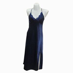 Satin Chemise Gown Slip Dress L Dark Blue